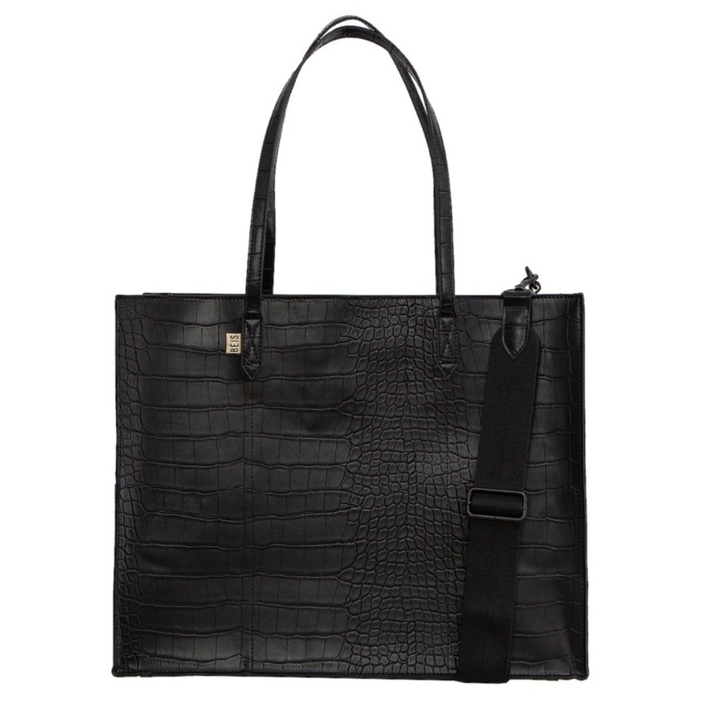 Large Beis Black Croc Work Tote